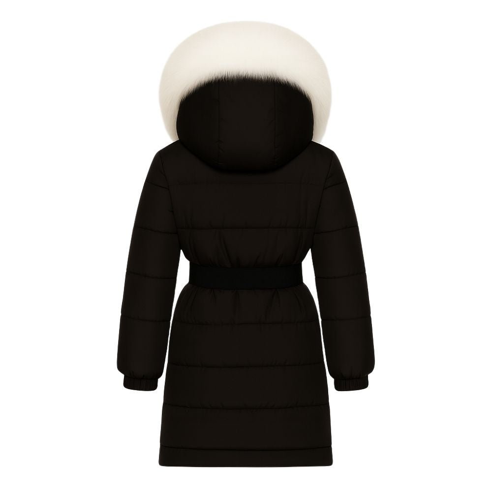 Doudoune Longue Femme Ceinturée à Capuche en Fourrure de Renard Véritable