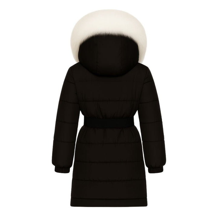 Doudoune Longue Femme Ceinturée à Capuche en Fourrure de Renard Véritable