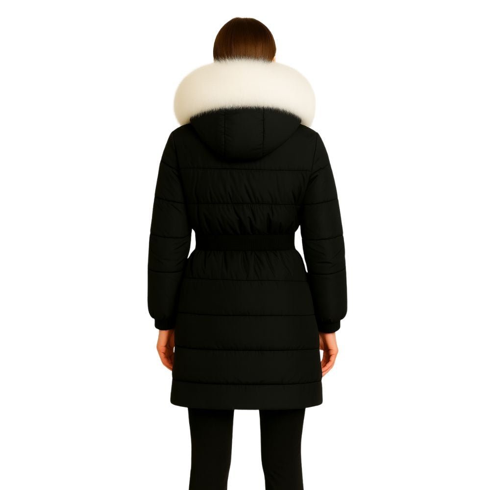 Doudoune Longue Femme Ceinturée à Capuche en Fourrure de Renard Véritable