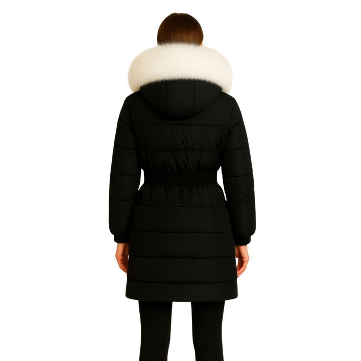 Doudoune Longue Femme Ceinturée à Capuche en Fourrure de Renard Véritable