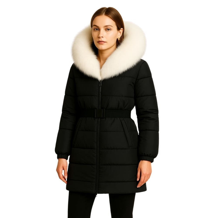 Doudoune Longue Femme Ceinturée à Capuche en Fourrure de Renard Véritable