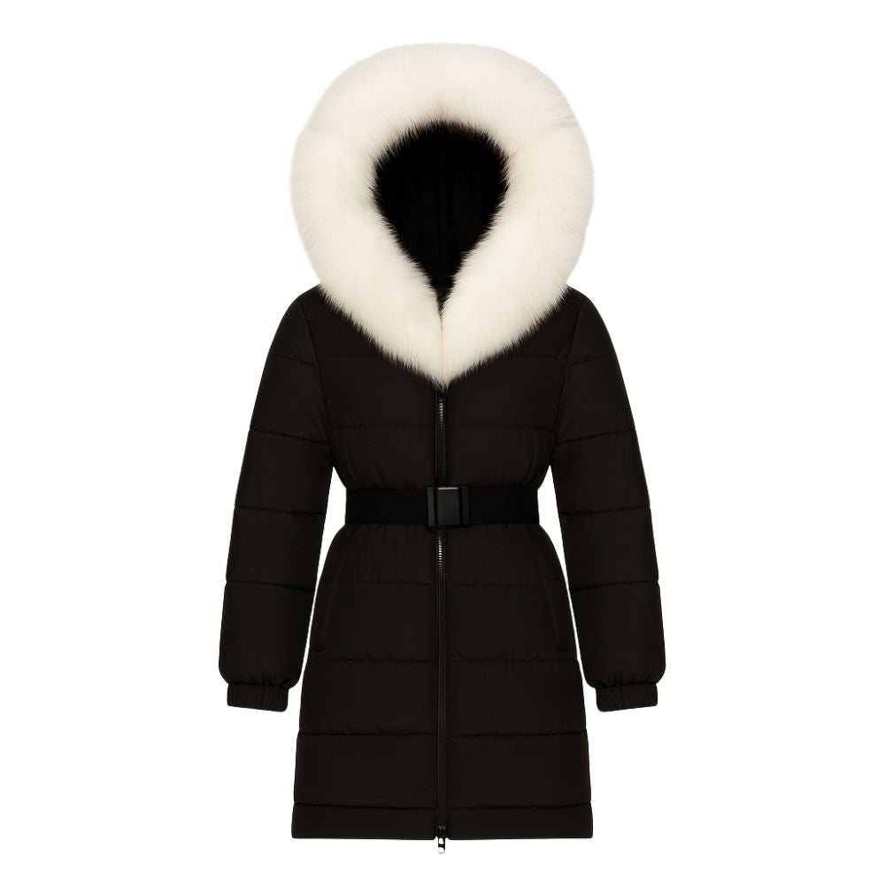 Doudoune Longue Femme Ceinturée à Capuche en Fourrure de Renard Véritable