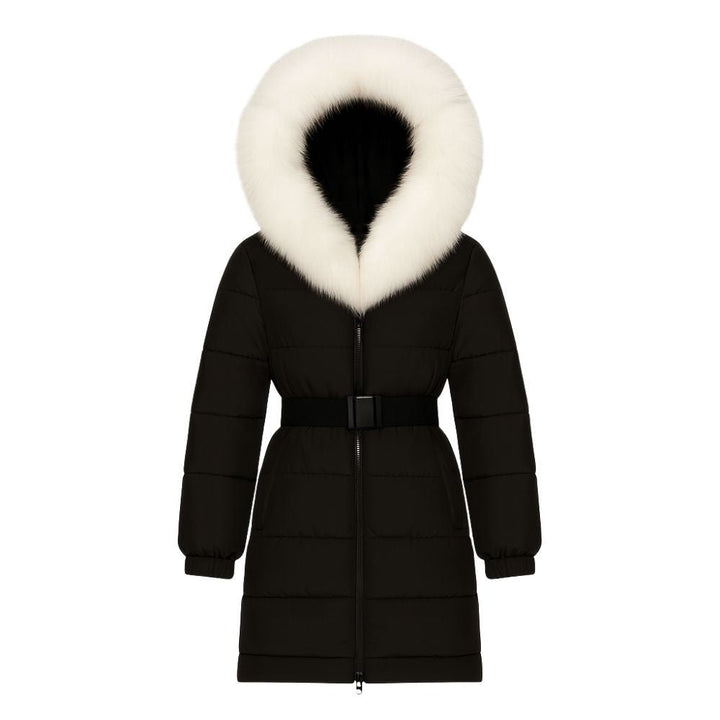 Doudoune Longue Femme Ceinturée à Capuche en Fourrure de Renard Véritable