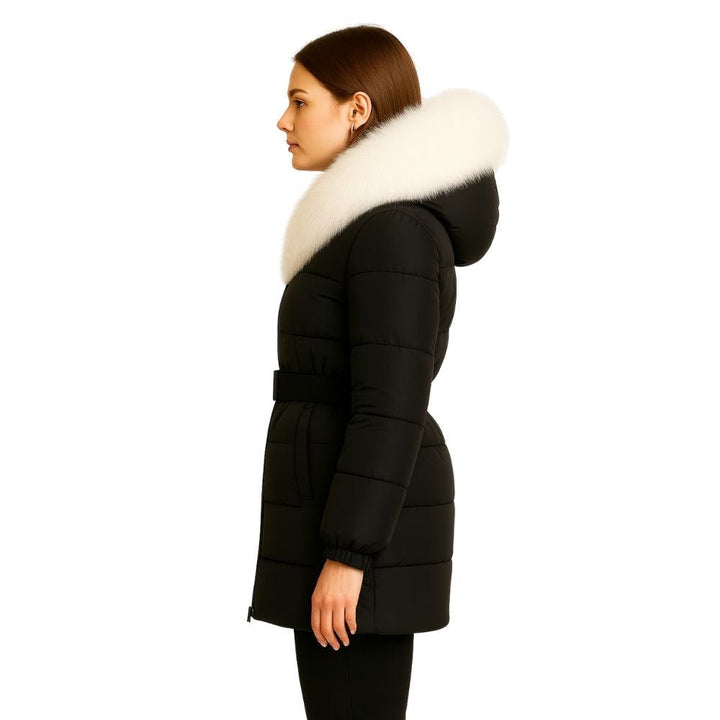 Doudoune Longue Femme Ceinturée à Capuche en Fourrure de Renard Véritable