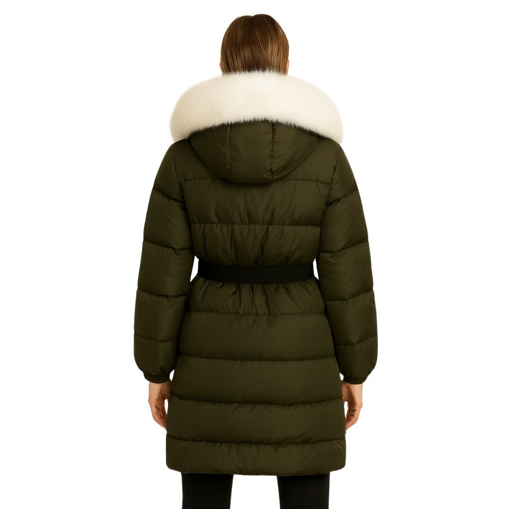 Doudoune Longue Femme Ceinturée à Capuche en Fourrure de Renard Véritable