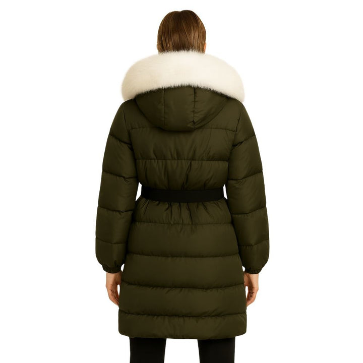Doudoune Longue Femme Ceinturée à Capuche en Fourrure de Renard Véritable