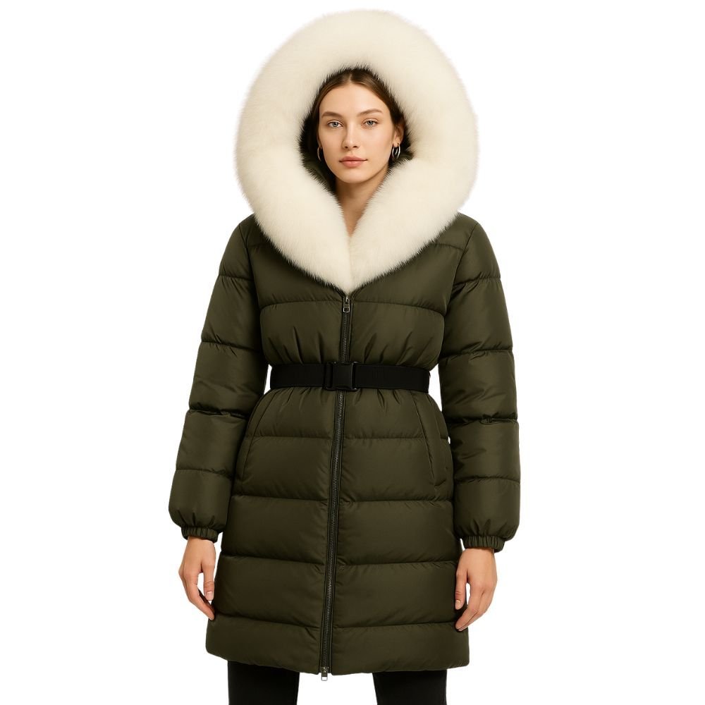 Doudoune Longue Femme Ceinturée à Capuche en Fourrure de Renard Véritable
