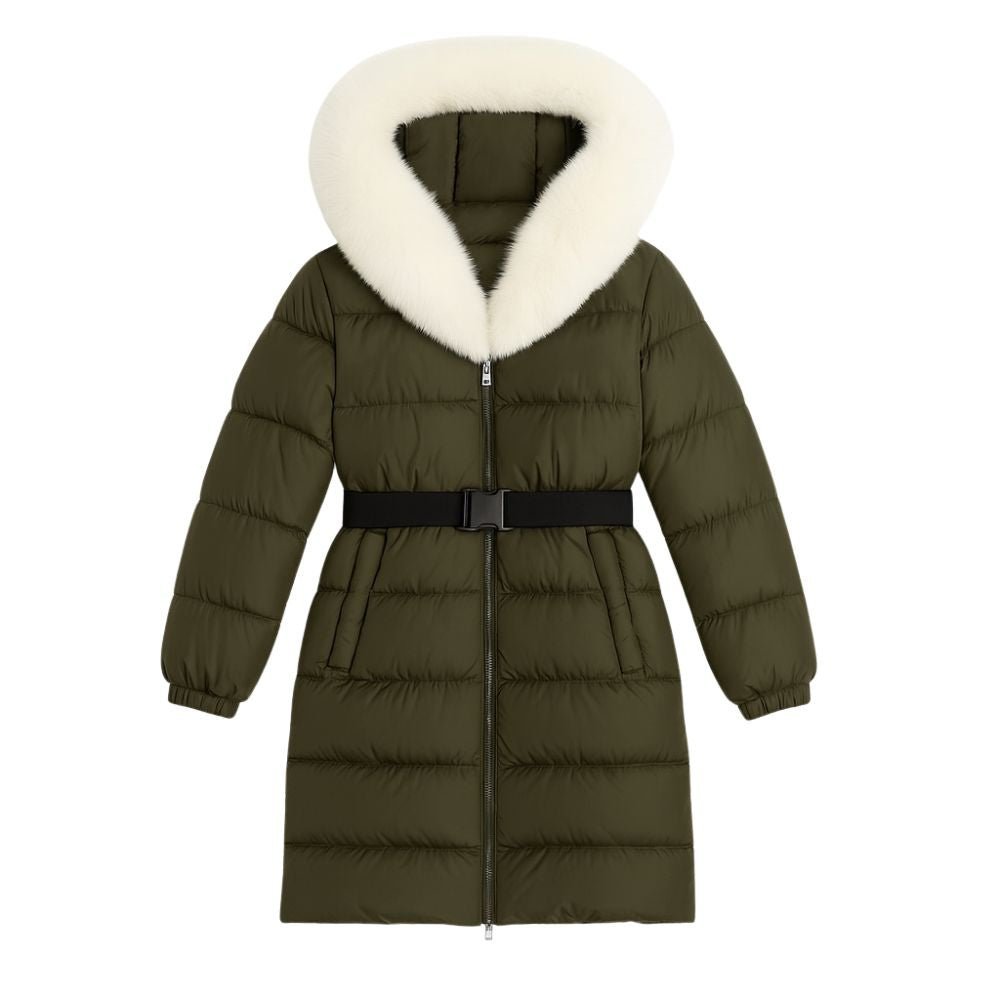 Doudoune Longue Femme Ceinturée à Capuche en Fourrure de Renard Véritable