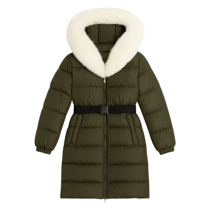 Doudoune Longue Femme Ceinturée à Capuche en Fourrure de Renard Véritable