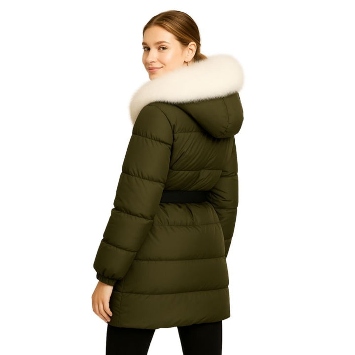 Doudoune Longue Femme Ceinturée à Capuche en Fourrure de Renard Véritable