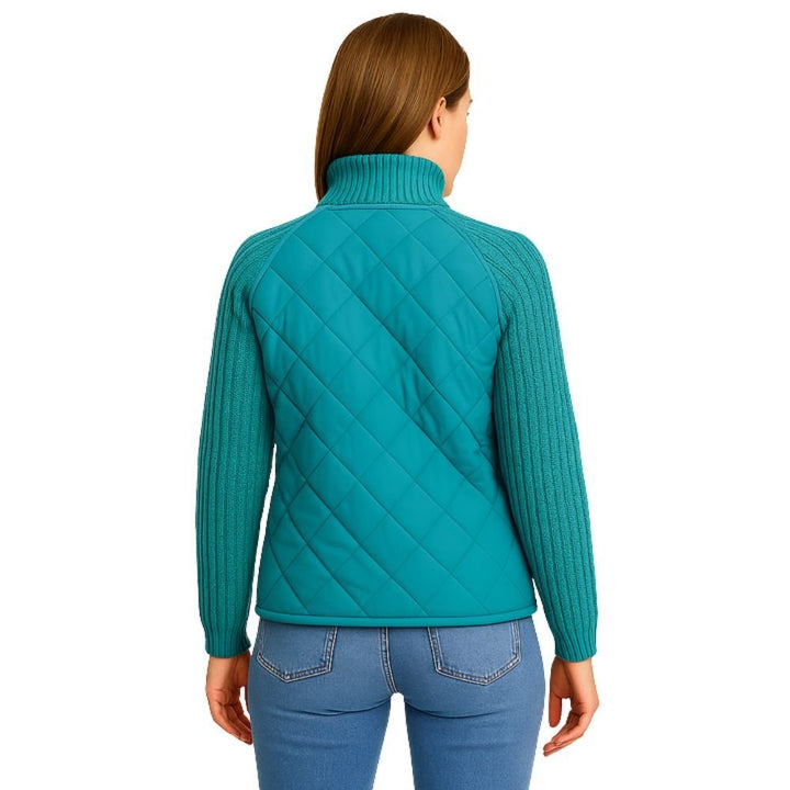 Women's Quilted Jacket with Knit Sleeves and Stand-Up Collar