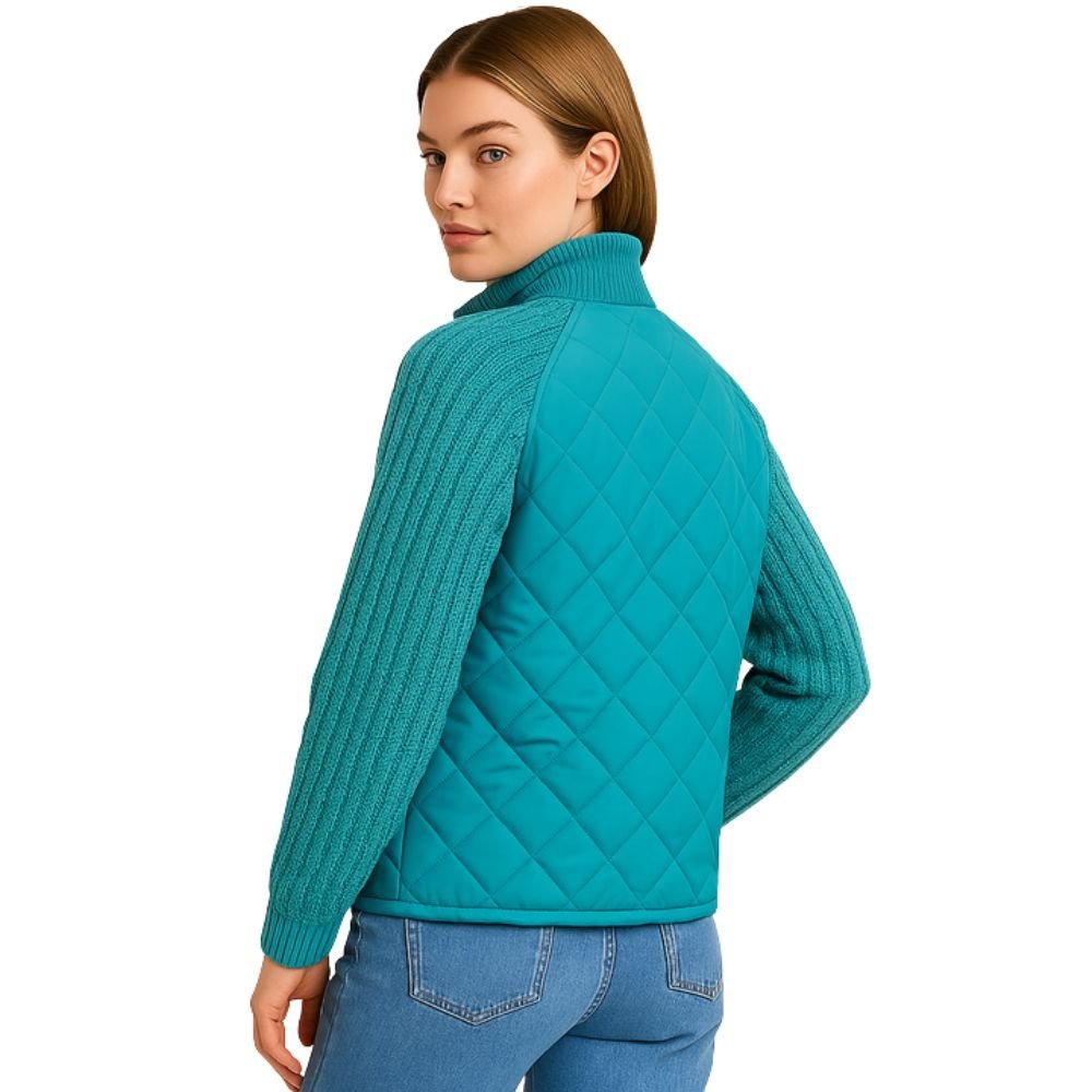 Women's Quilted Jacket with Knit Sleeves and Stand-Up Collar