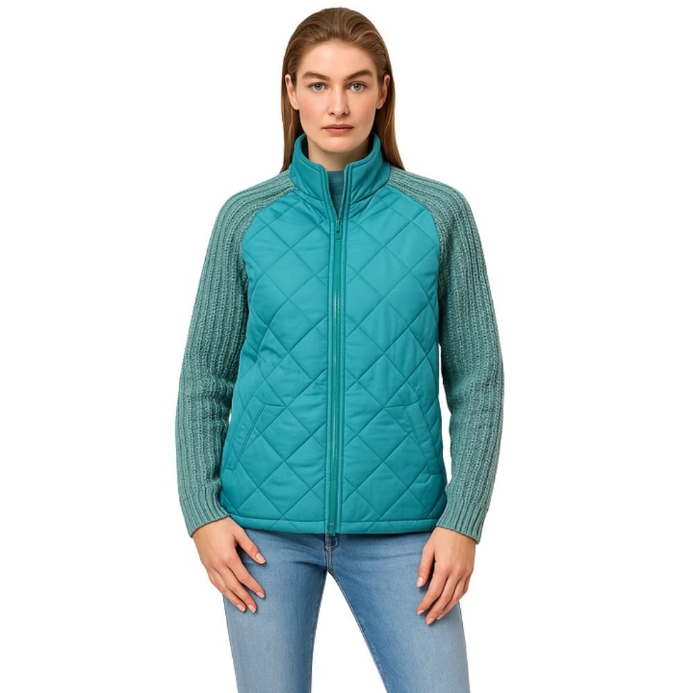 Women's Quilted Jacket with Knit Sleeves and Stand-Up Collar