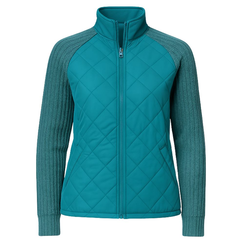 Women's Quilted Jacket with Knit Sleeves and Stand-Up Collar