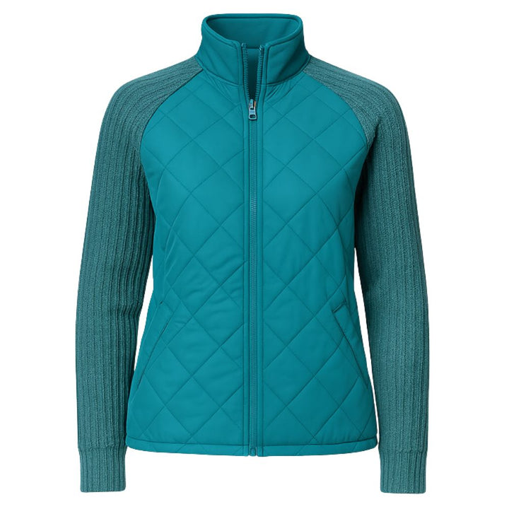 Women's Quilted Jacket with Knit Sleeves and Stand-Up Collar