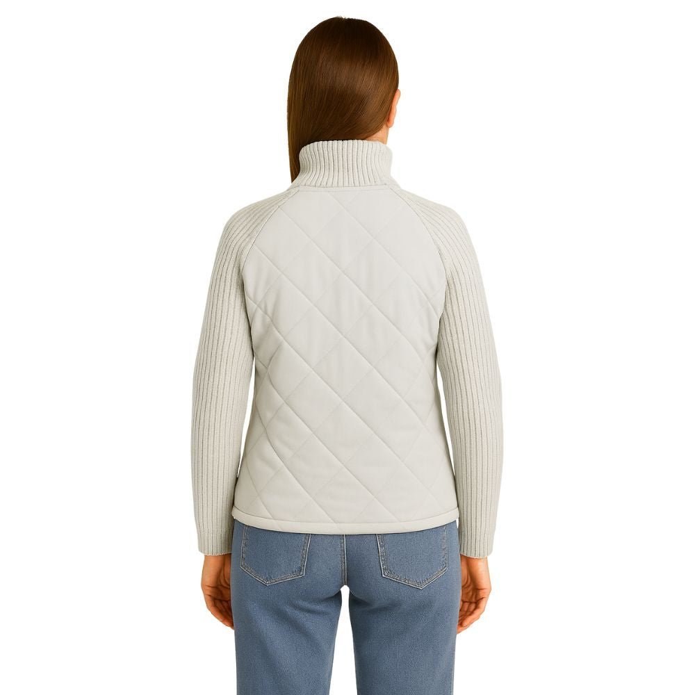 Women's Quilted Jacket with Knit Sleeves and Stand-Up Collar
