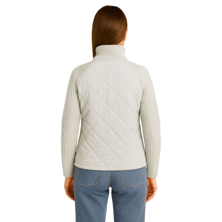 Women's Quilted Jacket with Knit Sleeves and Stand-Up Collar