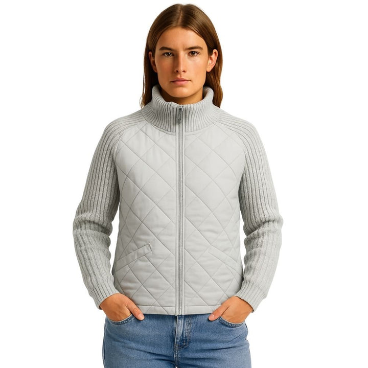 Women's Quilted Jacket with Knit Sleeves and Stand-Up Collar