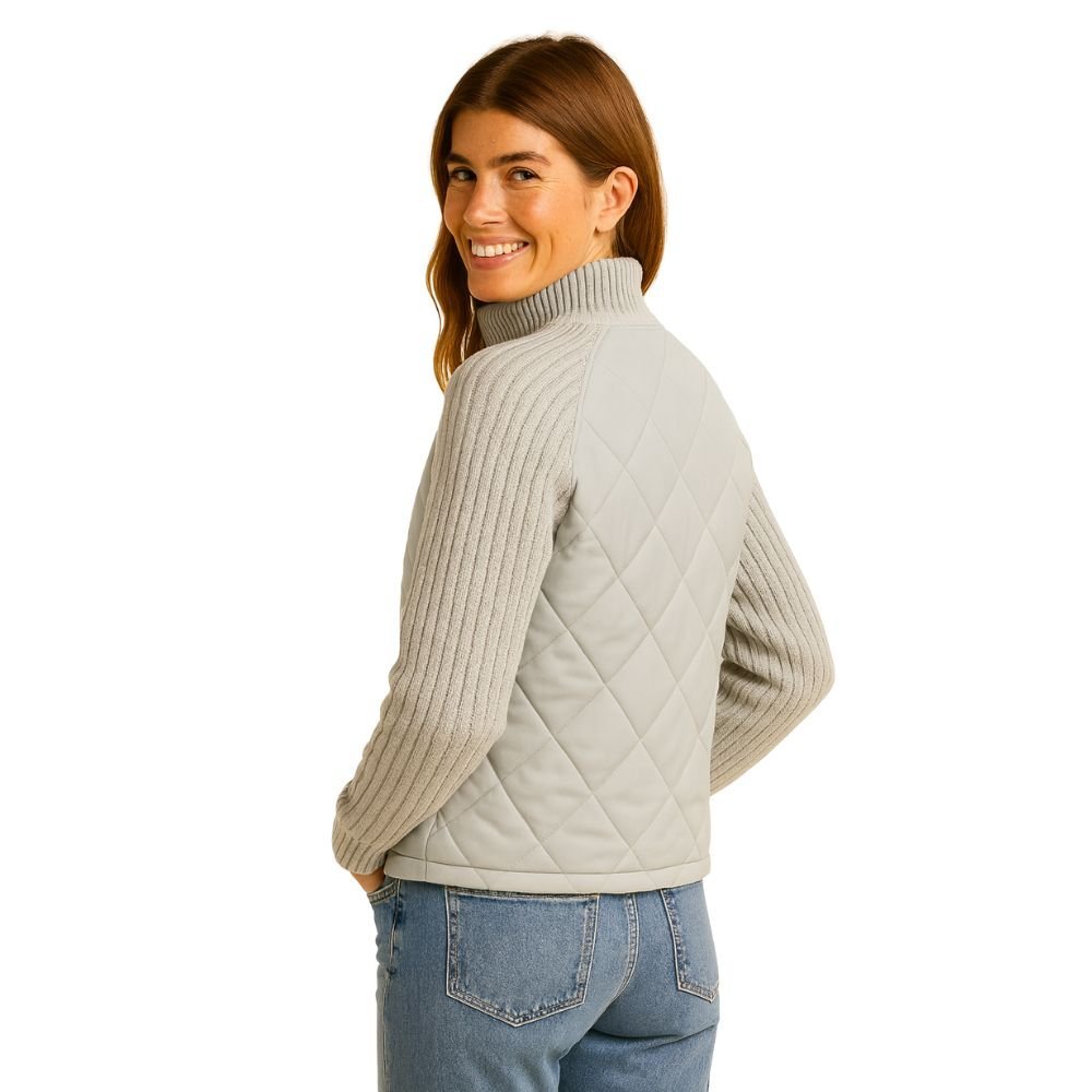 Women's Quilted Jacket with Knit Sleeves and Stand-Up Collar