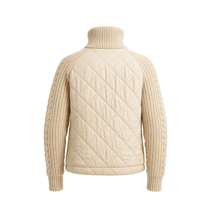 Women's Quilted Jacket with Knit Sleeves and Stand-Up Collar