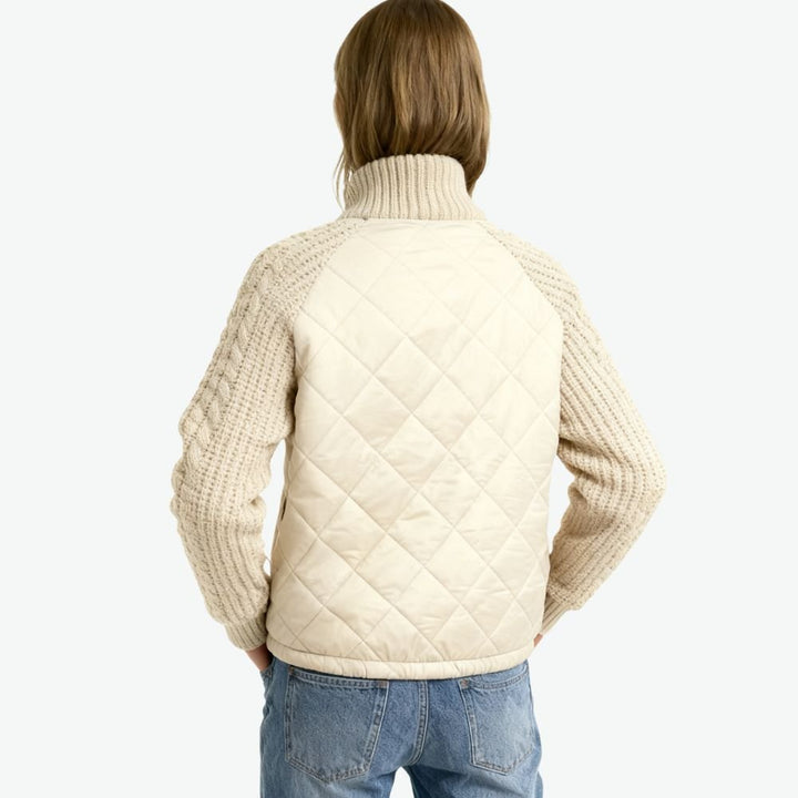 Women's Quilted Jacket with Knit Sleeves and Stand-Up Collar