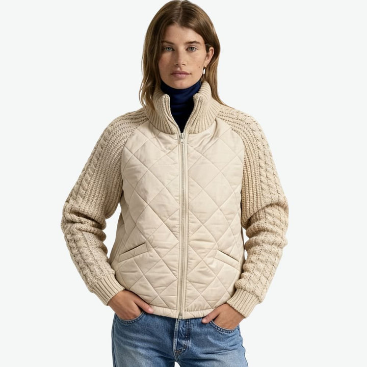 Women's Quilted Jacket with Knit Sleeves and Stand-Up Collar