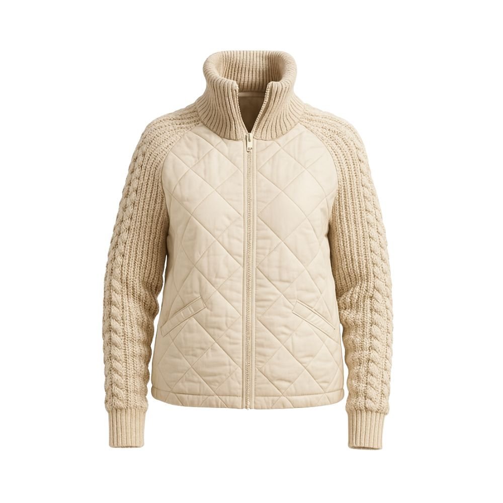 Women's Quilted Jacket with Knit Sleeves and Stand-Up Collar