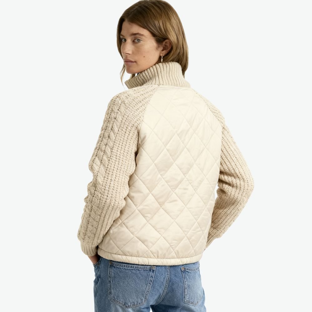 Women's Quilted Jacket with Knit Sleeves and Stand-Up Collar