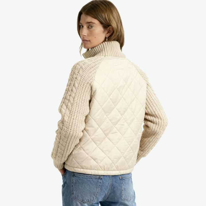 Women's Quilted Jacket with Knit Sleeves and Stand-Up Collar
