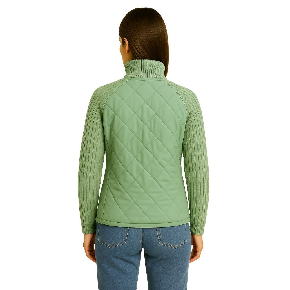 Women's Quilted Jacket with Knit Sleeves and Stand-Up Collar