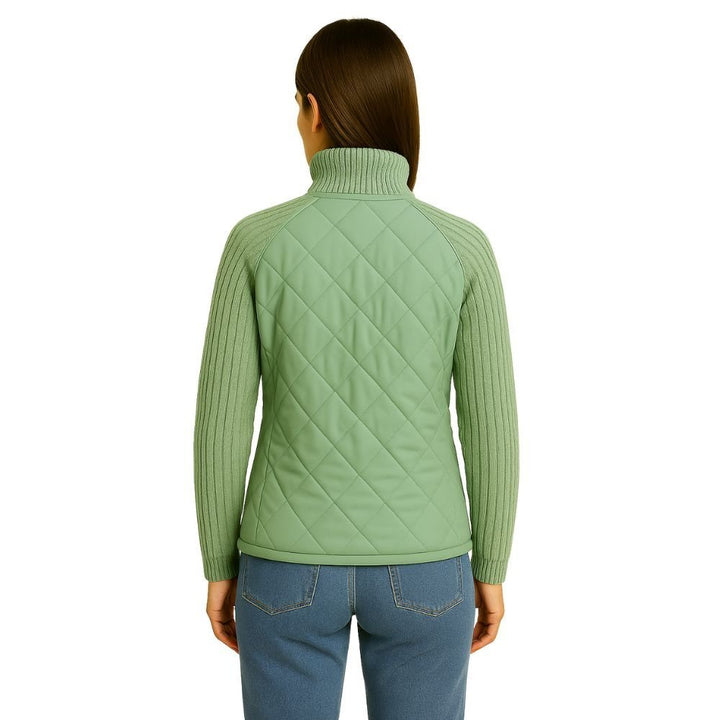 Women's Quilted Jacket with Knit Sleeves and Stand-Up Collar