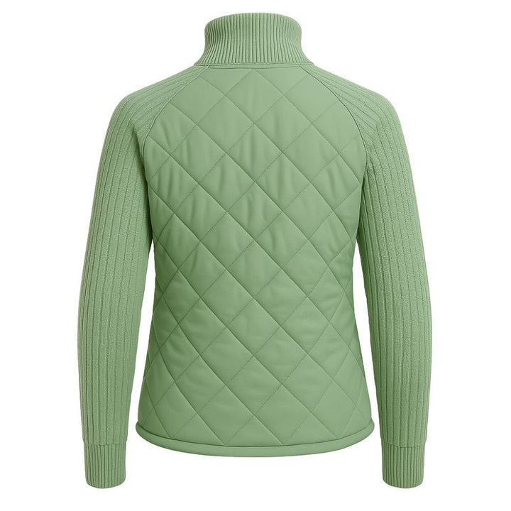 Women's Quilted Jacket with Knit Sleeves and Stand-Up Collar