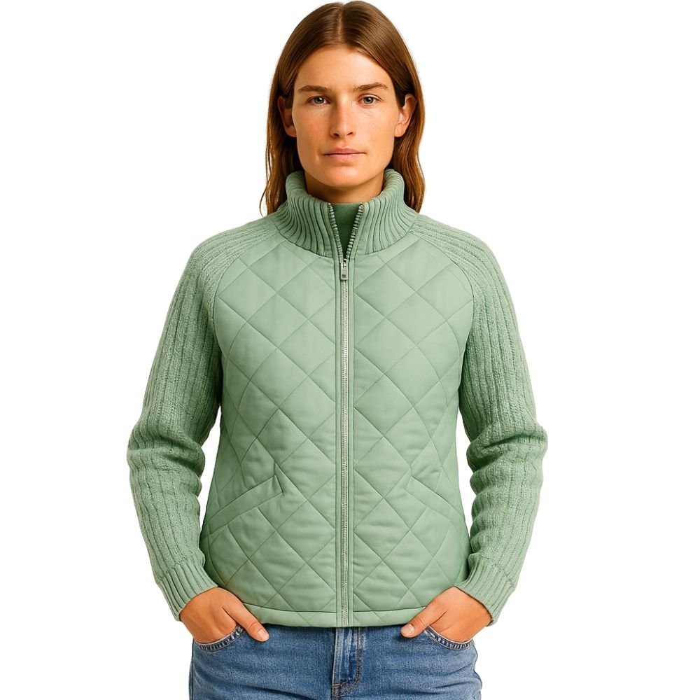 Women's Quilted Jacket with Knit Sleeves and Stand-Up Collar