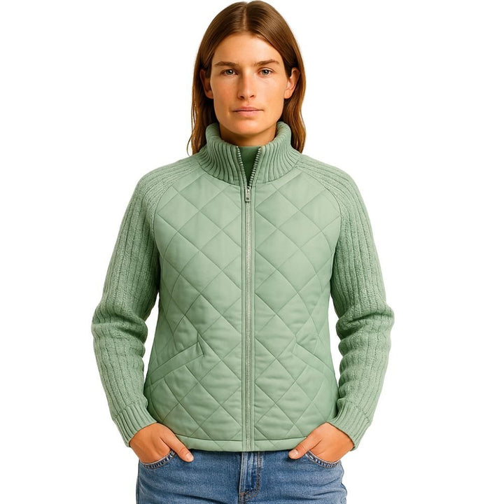 Women's Quilted Jacket with Knit Sleeves and Stand-Up Collar