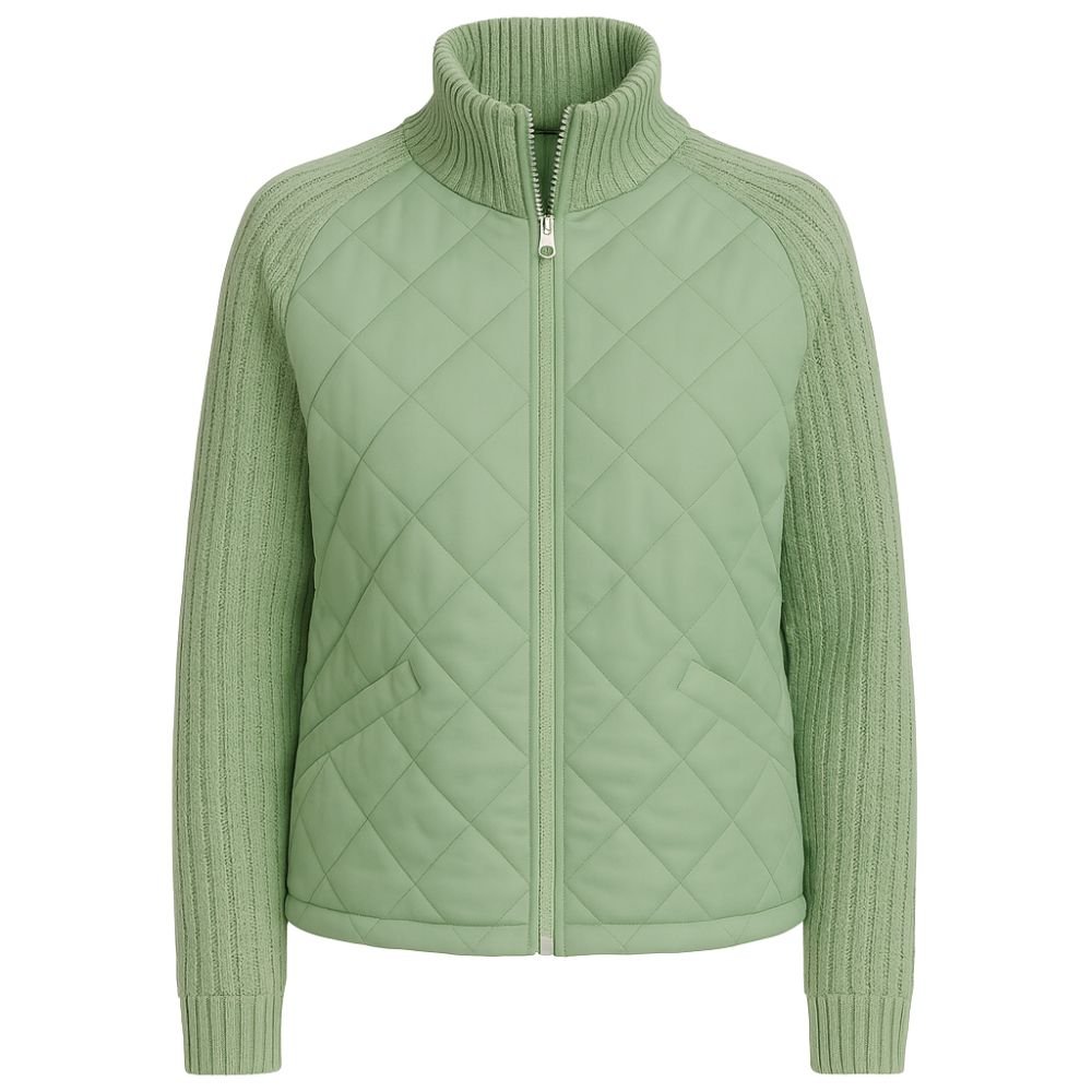 Women's Quilted Jacket with Knit Sleeves and Stand-Up Collar
