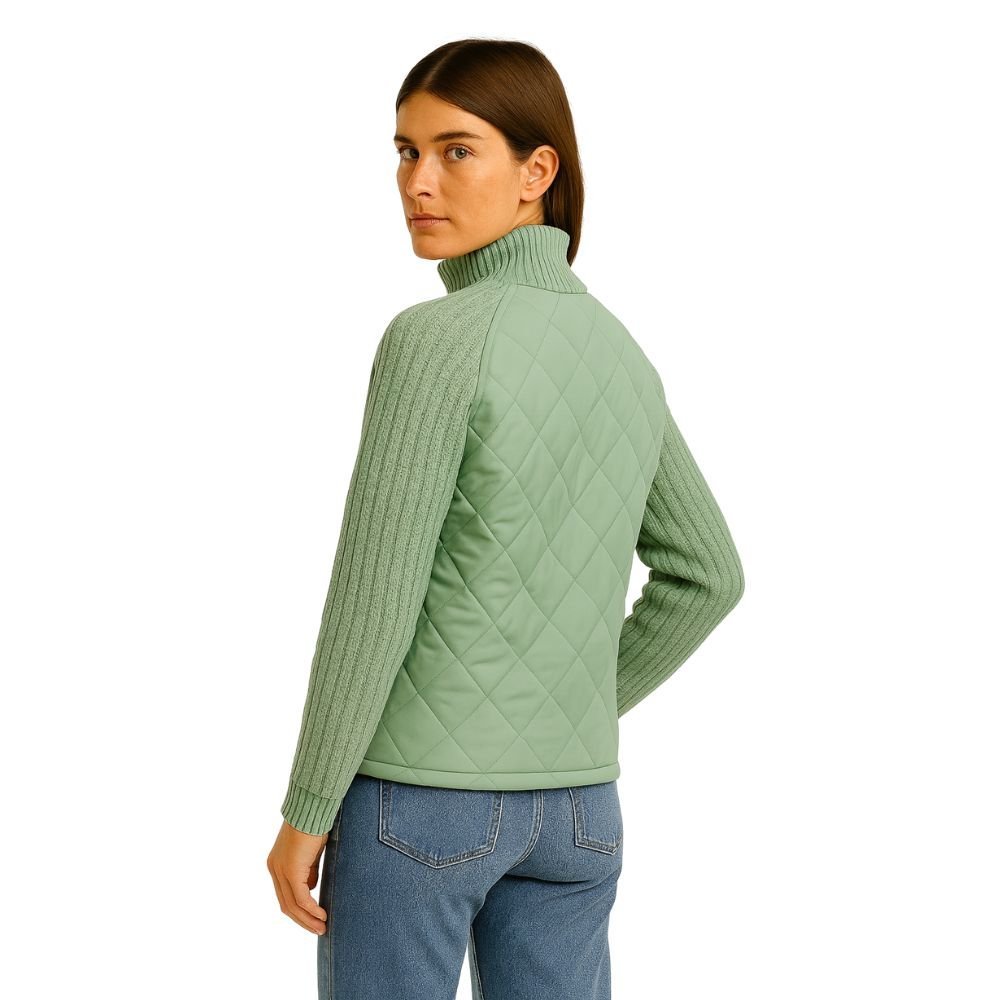 Women's Quilted Jacket with Knit Sleeves and Stand-Up Collar