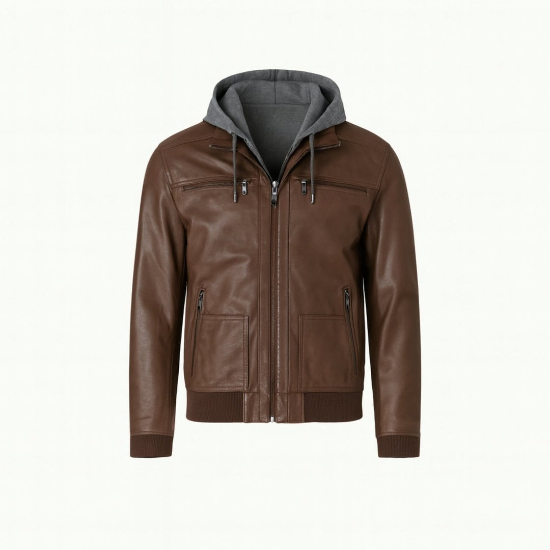 Herenleren jas met afneembare capuchon