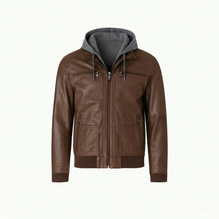 Herenleren jas met afneembare capuchon