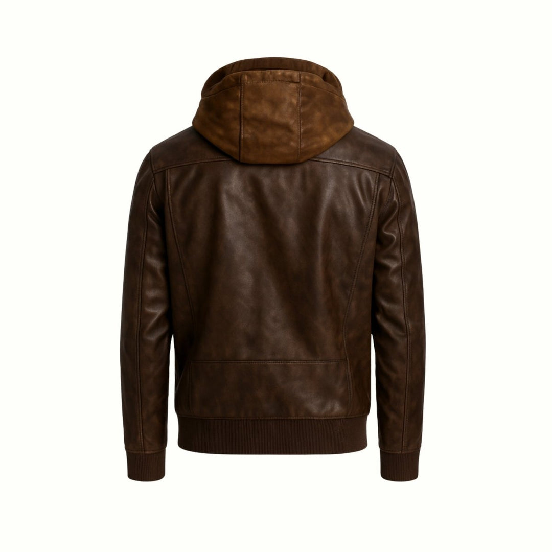 Herenleren jas met afneembare capuchon