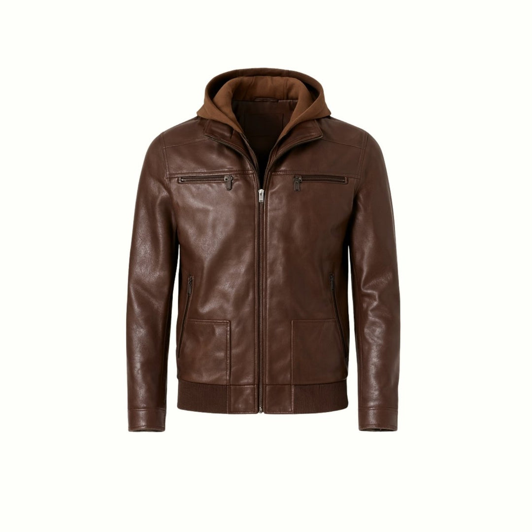 Herenleren jas met afneembare capuchon