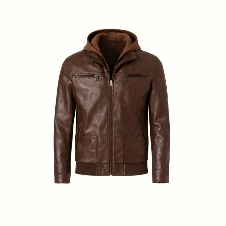 Herenleren jas met afneembare capuchon