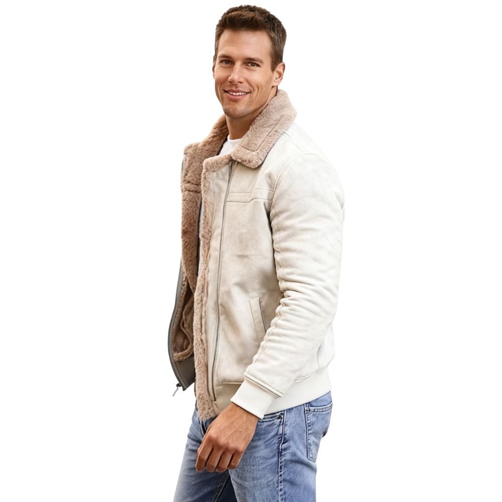 Men's Aviator Jacket Lined with Sherpa and Faux Fur Collar
