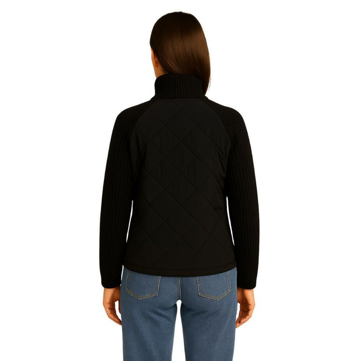 Women's Quilted Jacket with Knit Sleeves and Stand-Up Collar