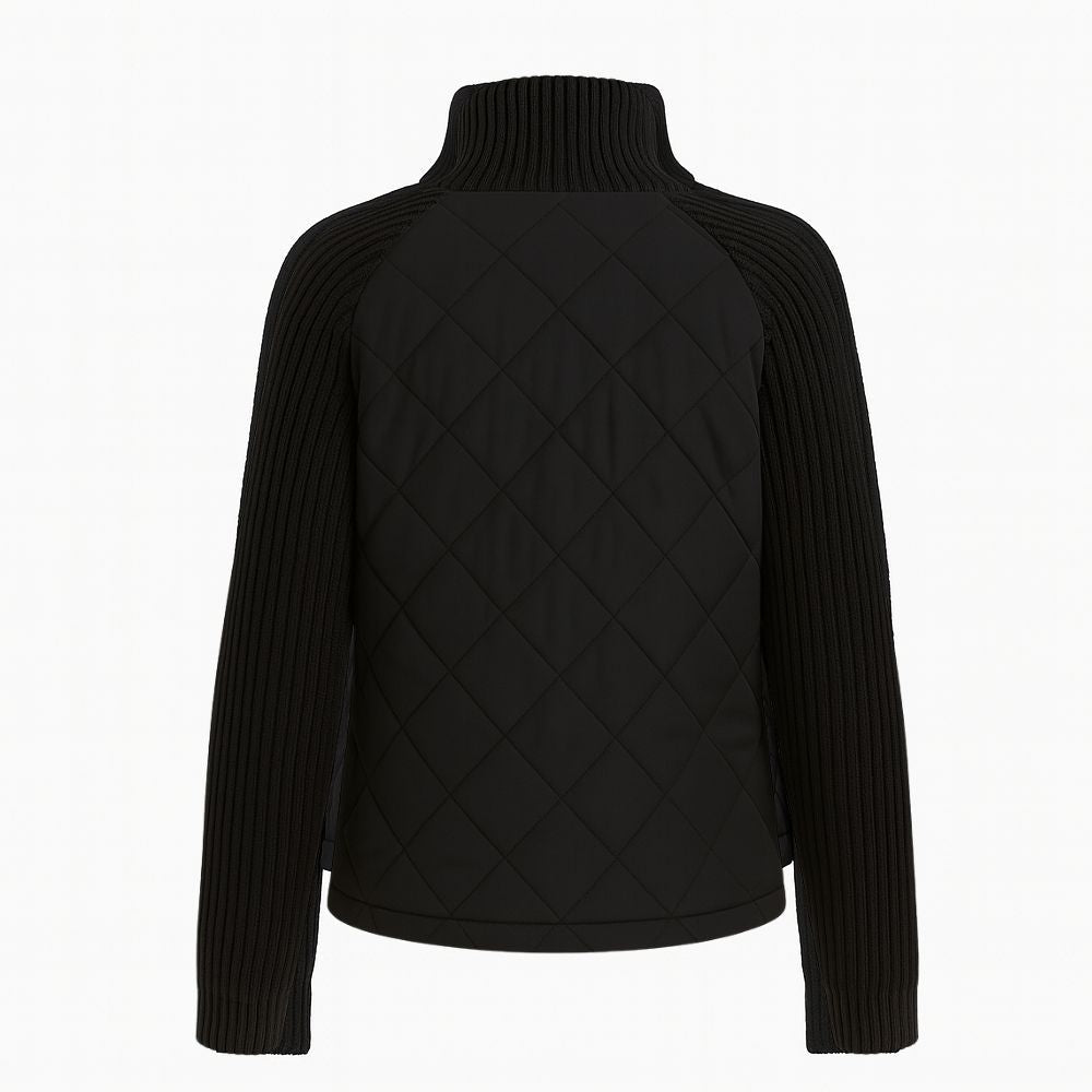 Women's Quilted Jacket with Knit Sleeves and Stand-Up Collar