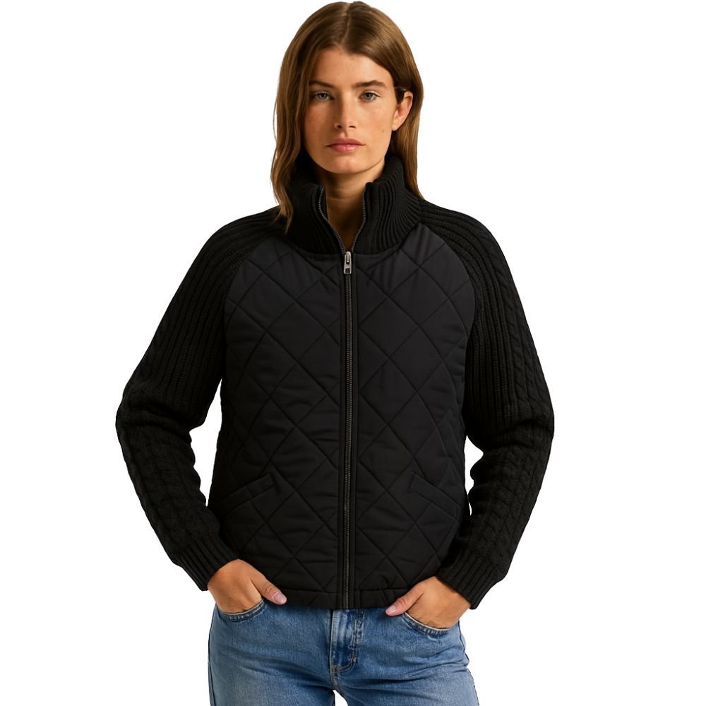 Women's Quilted Jacket with Knit Sleeves and Stand-Up Collar