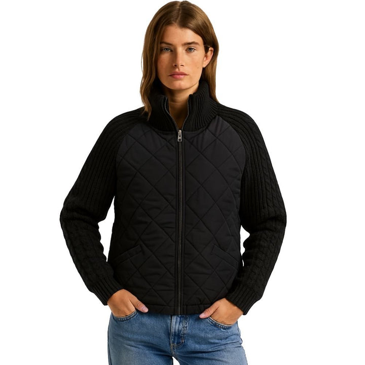 Women's Quilted Jacket with Knit Sleeves and Stand-Up Collar