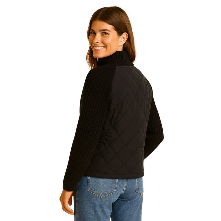 Women's Quilted Jacket with Knit Sleeves and Stand-Up Collar