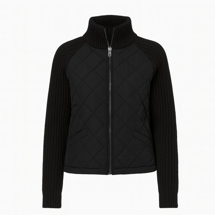 Women's Quilted Jacket with Knit Sleeves and Stand-Up Collar