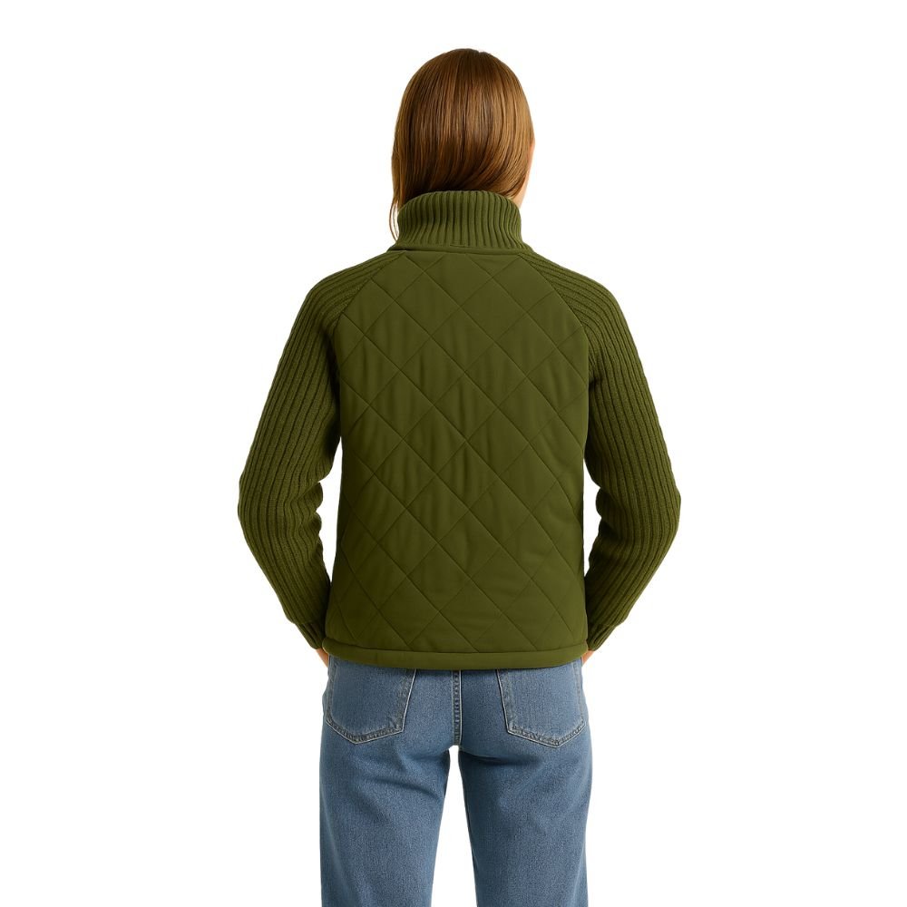 Women's Quilted Jacket with Knit Sleeves and Stand-Up Collar