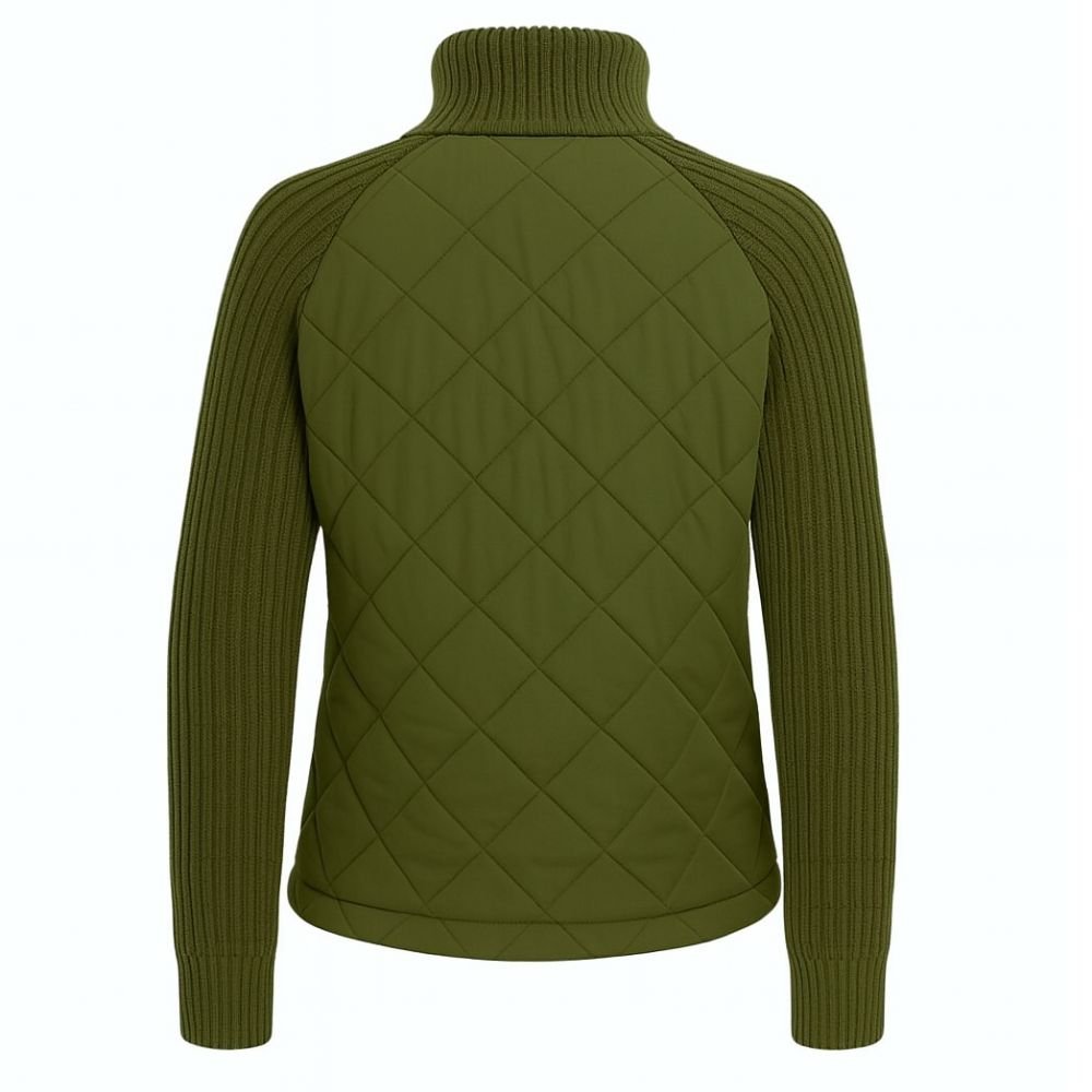 Women's Quilted Jacket with Knit Sleeves and Stand-Up Collar